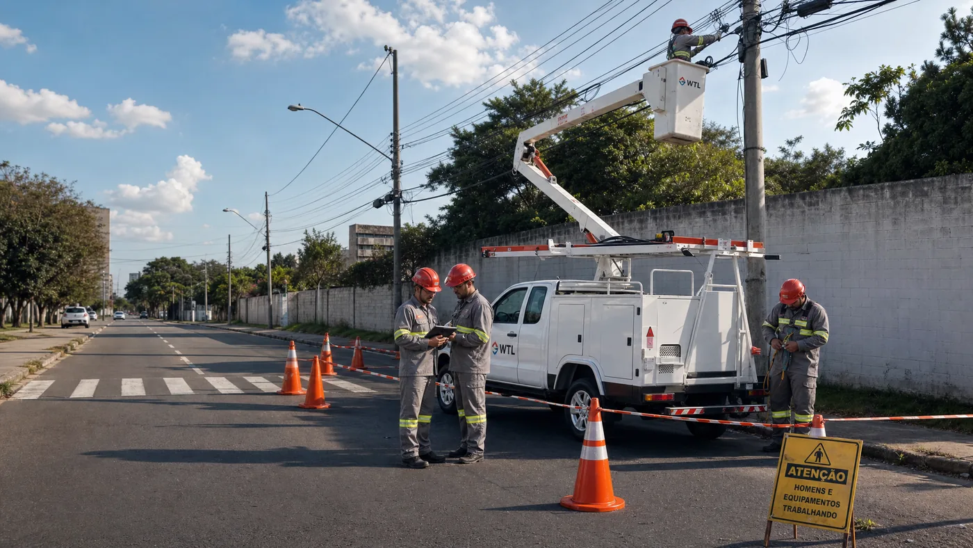 Equipe WTL em operação de telecom com cesto aéreo, equipamentos de proteção e área isolada